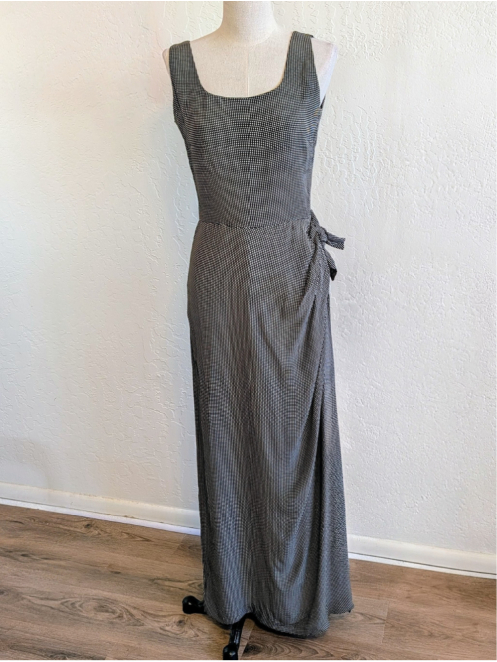 VTG Ann Taylor Micro Polka Dot Maxi Dress Black White Slip Wrap Style 90s USA